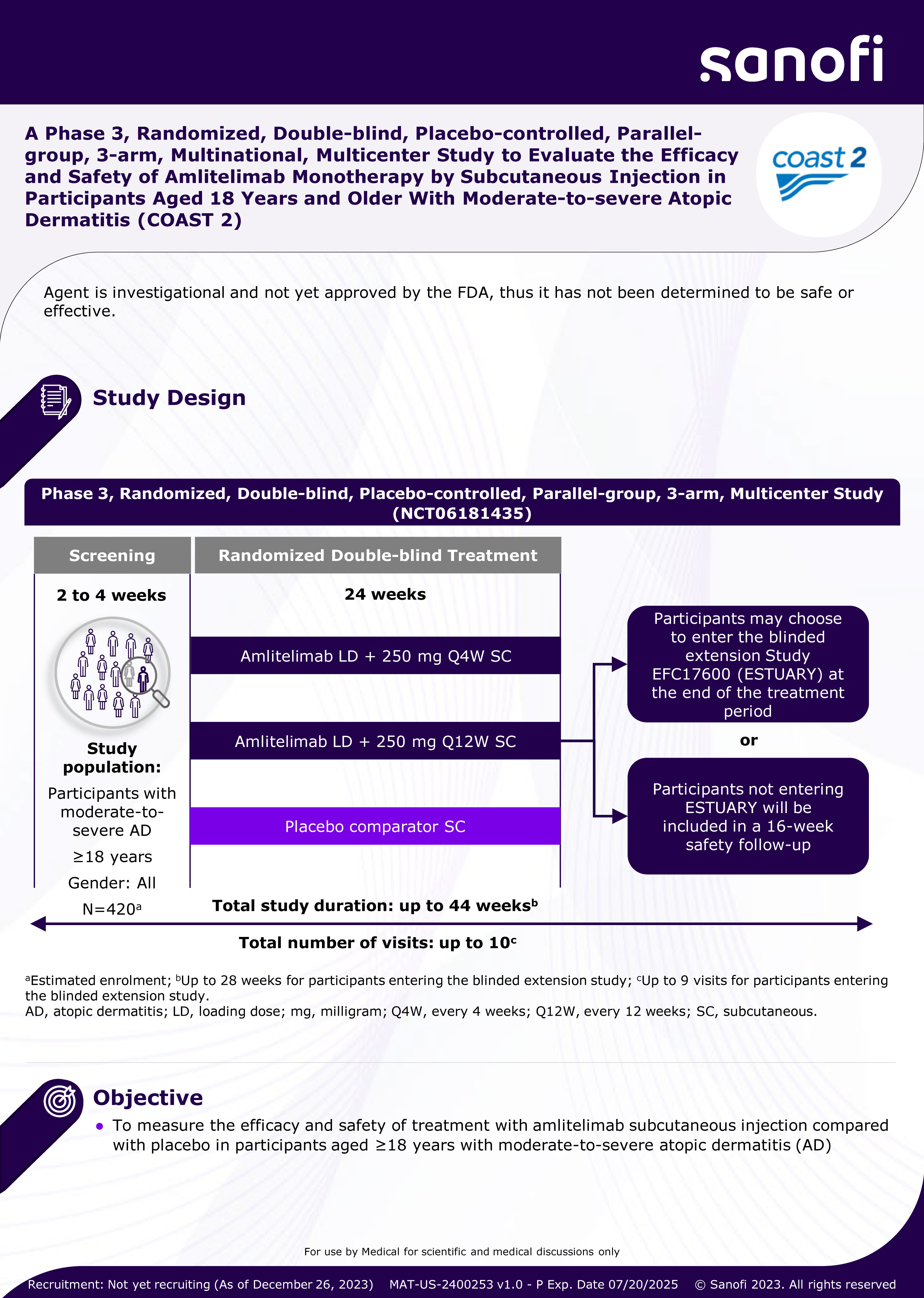 A Phase 3, Randomized, Double-blind, Placebo-Controlled, Parallel-Group, 3-arm, Multinational, Multicenter Study to Evaluate the Efficacy and Safety of Amlitelimab Monotherapy by Subcutaneous Injection in Participants Aged 18 Years and Older With Moderate-to-severe Atopic Dermatitis (COAST 2)