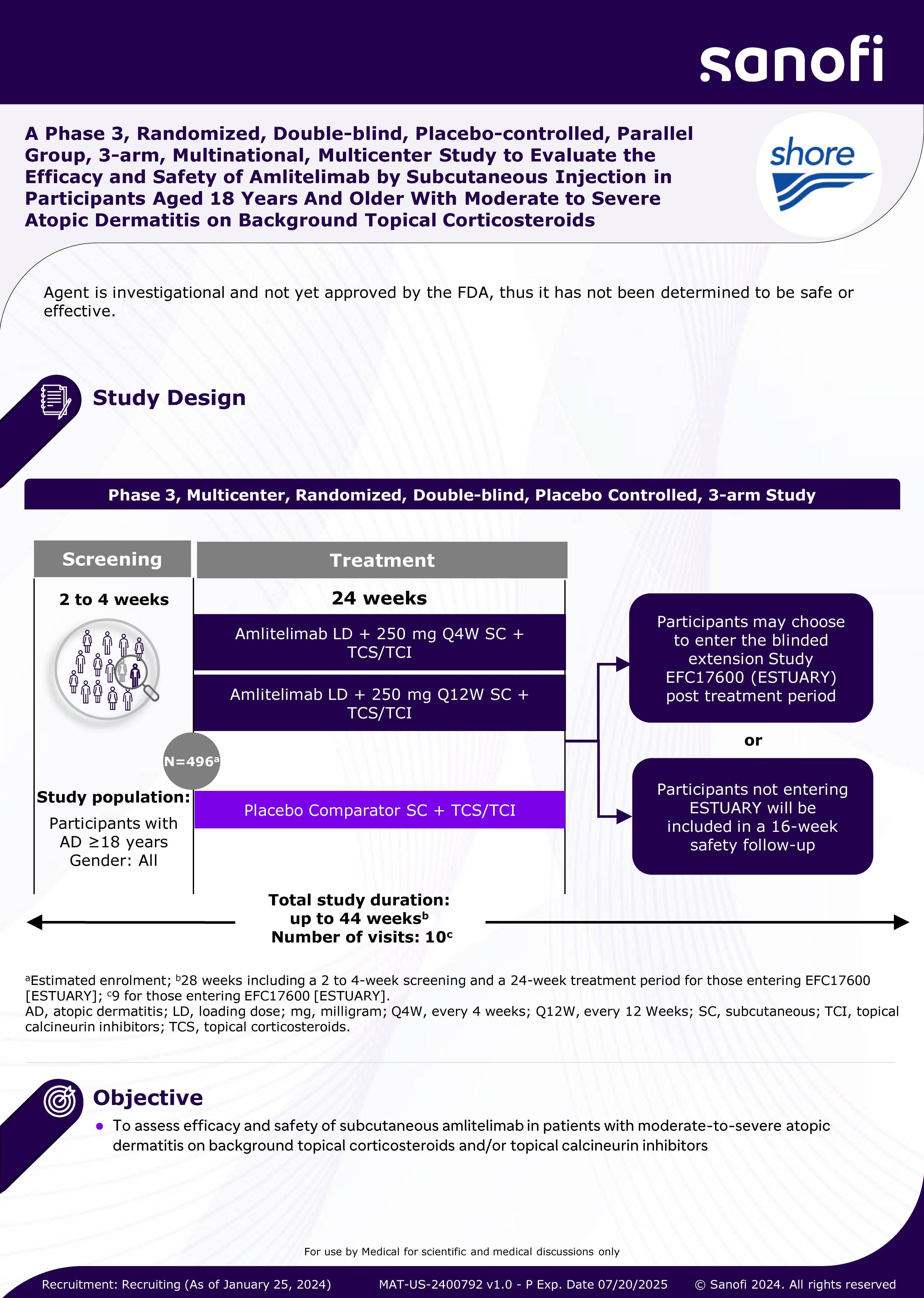 A Phase 3, Randomized, Double-blind, Placebo-controlled, Parallel-group, 3-arm, Multinational, Multicenter Study to Evaluate the Efficacy and Safety of Amlitelimab by Subcutaneous Injection in Participants Aged 18 Years and Older With Moderate-to-severe Atopic Dermatitis on Background Topical Corticosteroids