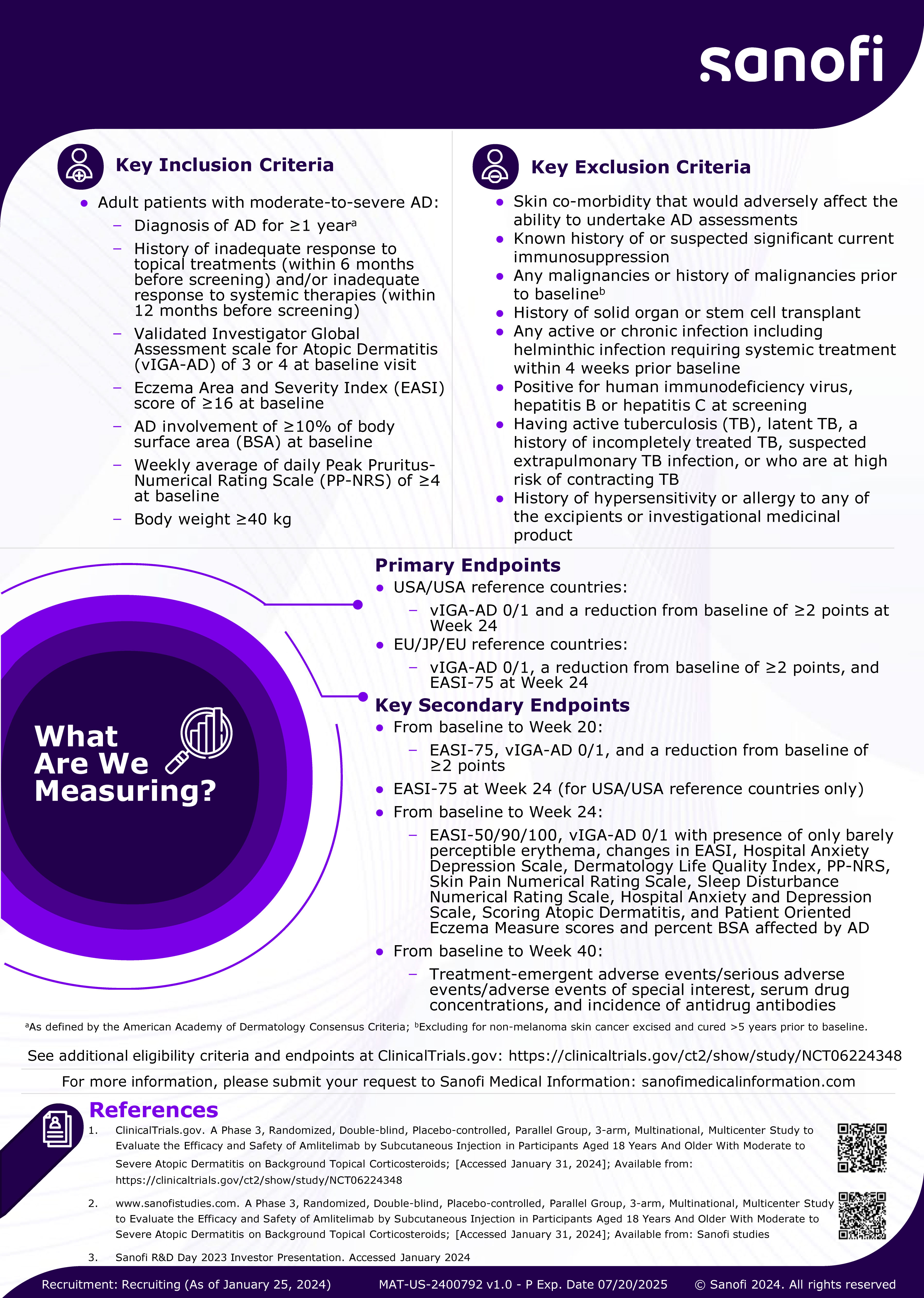 A Phase 3, Randomized, Double-blind, Placebo-controlled, Parallel-group, 3-arm, Multinational, Multicenter Study to Evaluate the Efficacy and Safety of Amlitelimab by Subcutaneous Injection in Participants Aged 18 Years and Older With Moderate-to-severe Atopic Dermatitis on Background Topical Corticosteroids