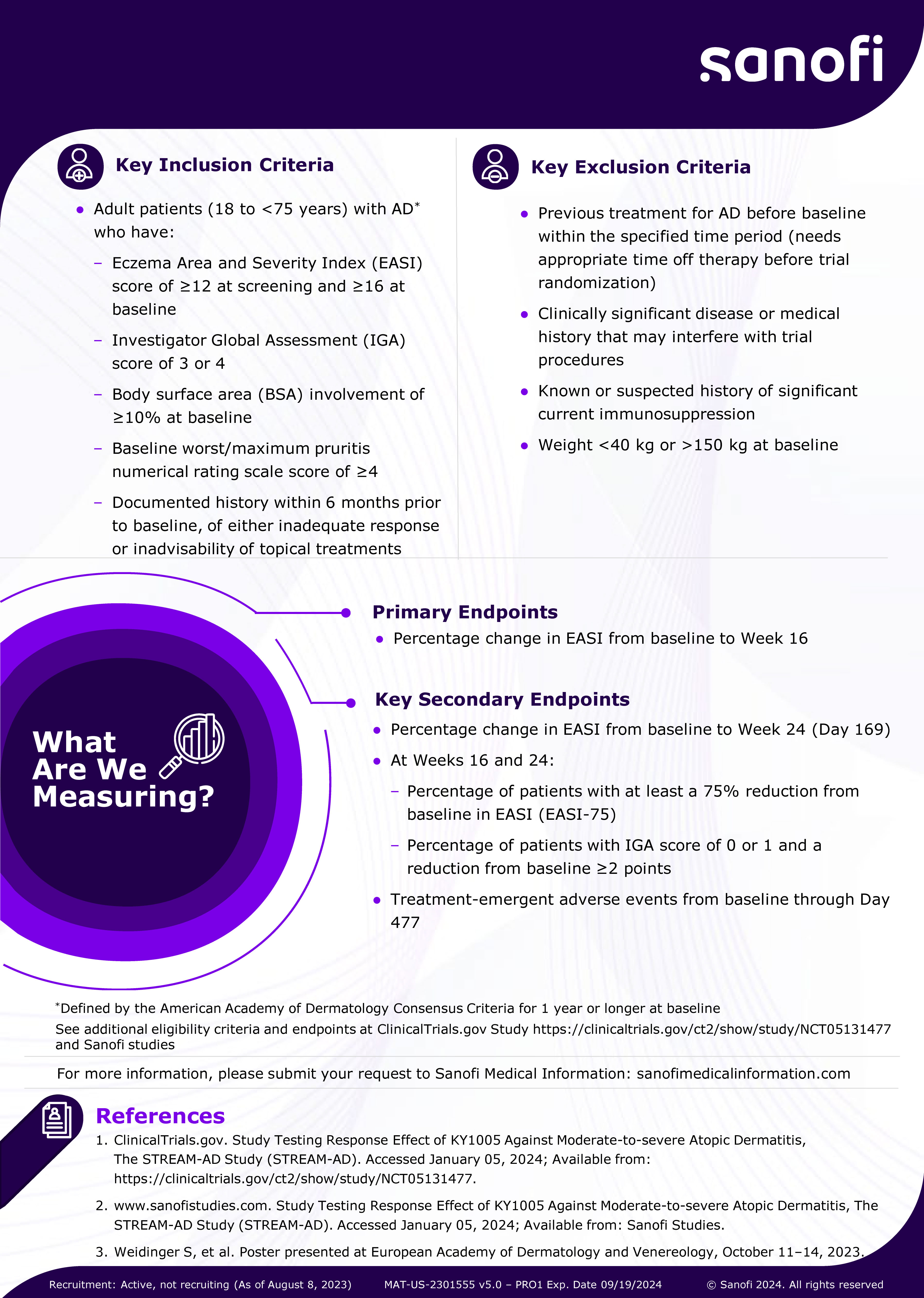 A Phase IIb, Randomized, Double-blind, Placebo-controlled, Parallel-group, Multicenter Dose Ranging Study of a Subcutaneous Anti-OX40L Monoclonal Antibody (KY1005) in Moderate-to-severe Atopic Dermatitis (STREAM-AD)